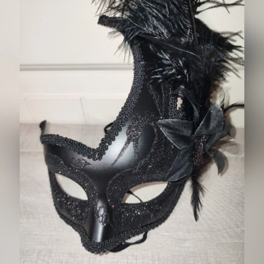 Black Glitter Masquerade Mask with Feathers Venetian Style Carnival/Mardi Gras